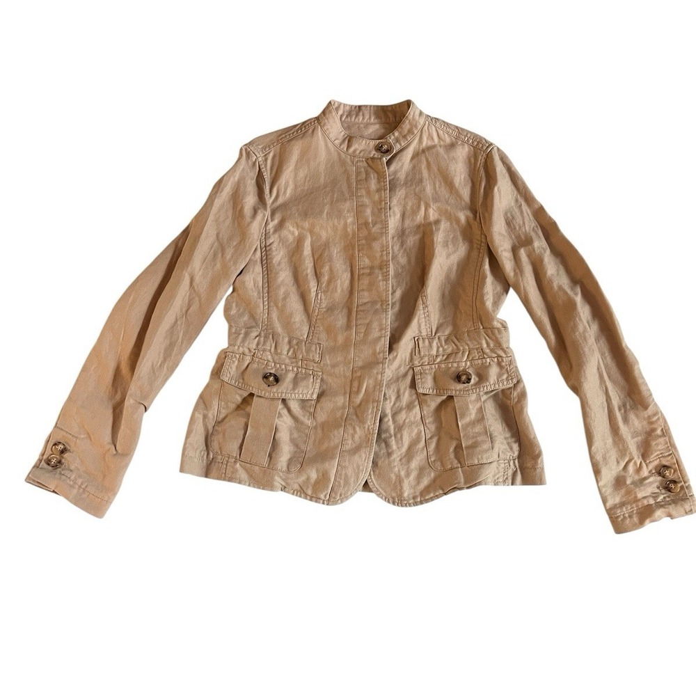 Talbots Women's Size SP Small Petite Tan Mandarin Coller Blazer Linen Cotton